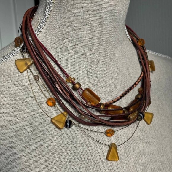 🌟 VINTAGE Unique Women's Leather and Light Amber Stones Necklace and Bracelet S - Picture 6 of 11
